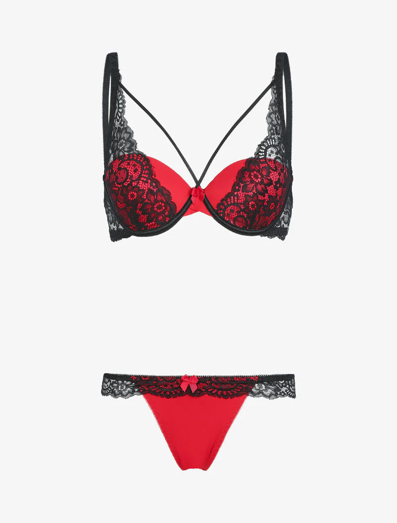 Ensemble corbeille lace out et tanga - rouge/noir