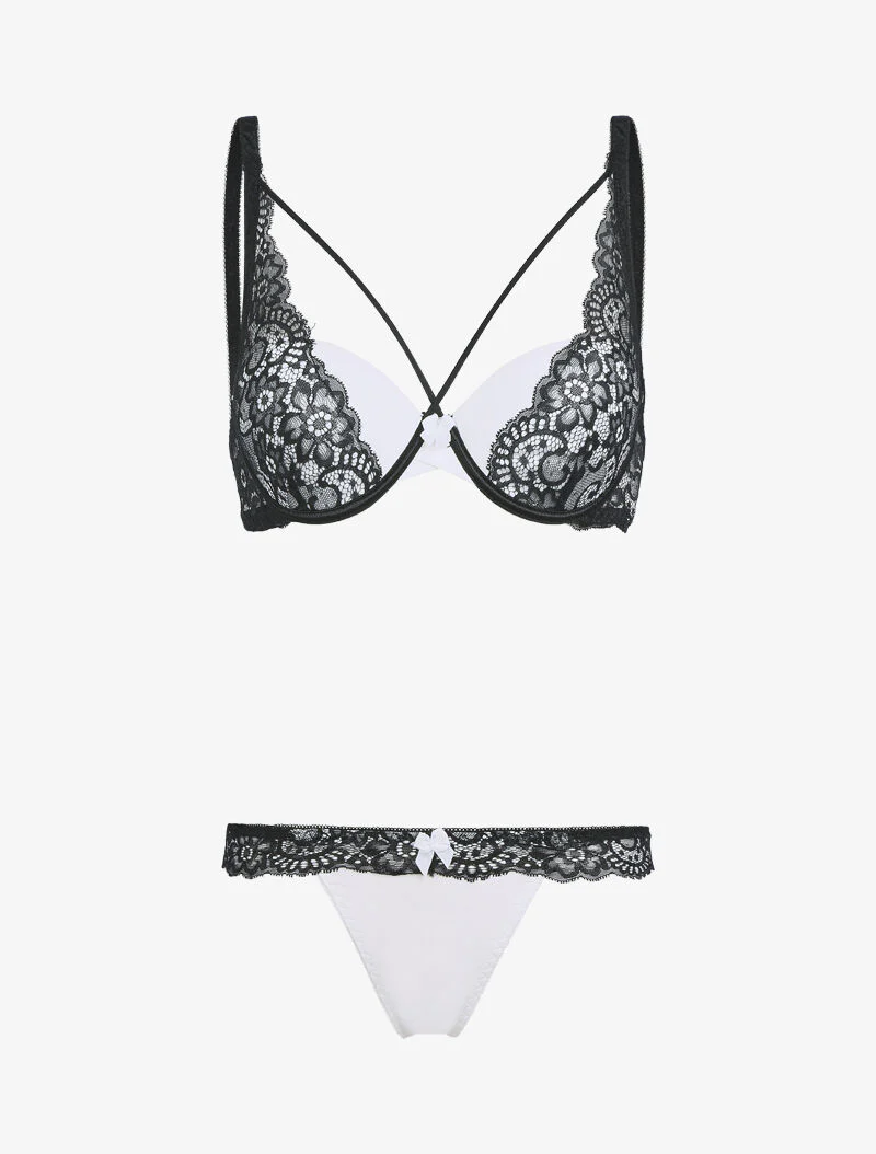Ensemble corbeille lace out et tanga - blanc/noir - blanc et noir