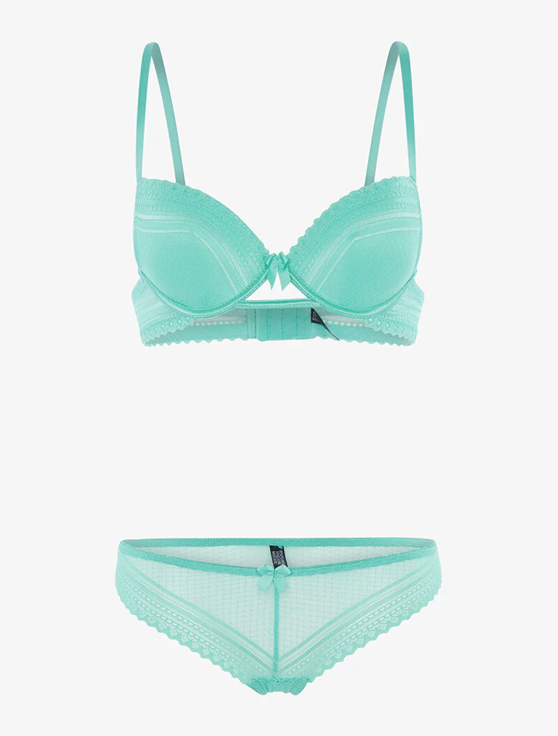 Ensemble dentelle ajourée et tanga - turquoise