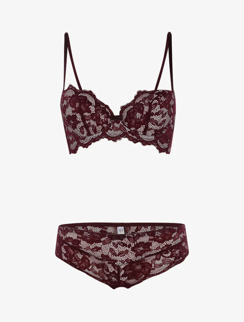 Ensemble dentelle doublée et tanga - prune/blanc