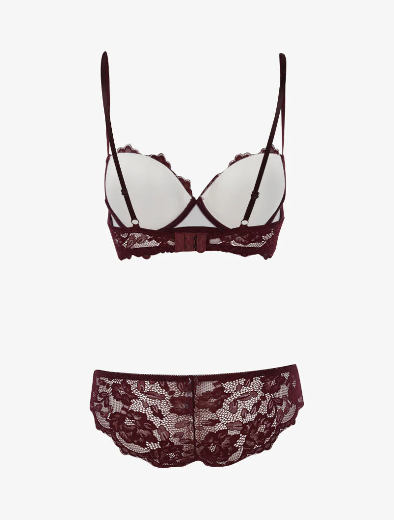 Ensemble dentelle doublée et tanga - prune/blanc - Image 2