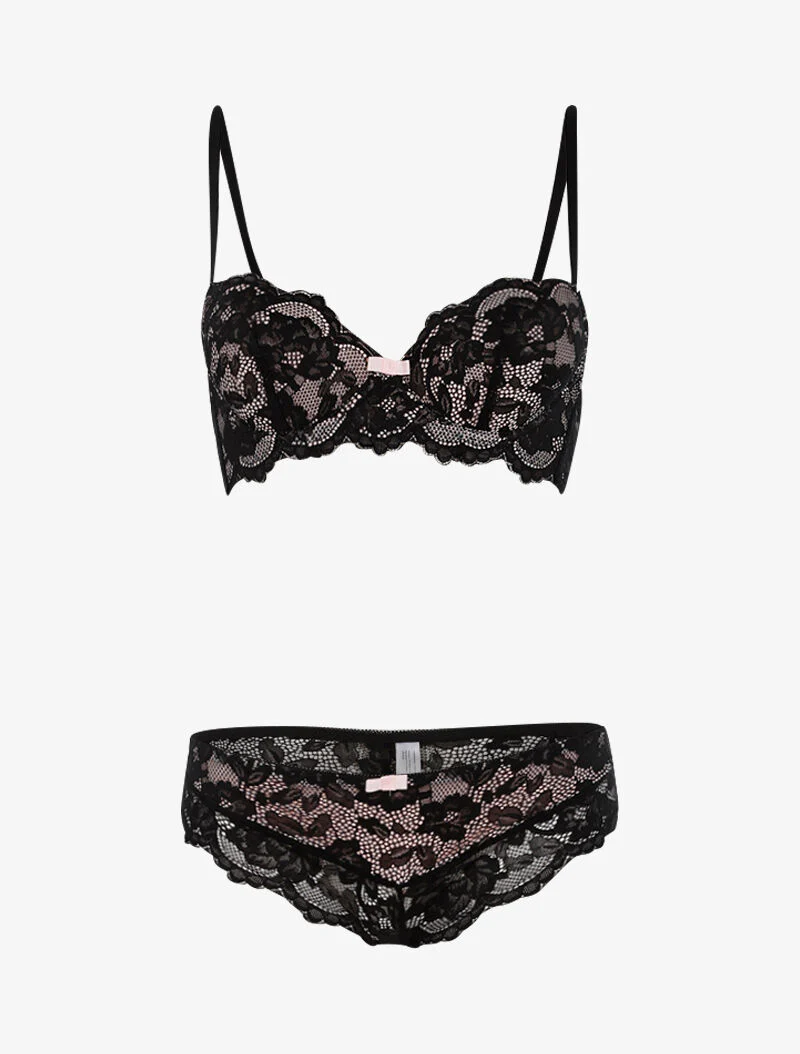 Ensemble dentelle doublée et tanga - noir/rose