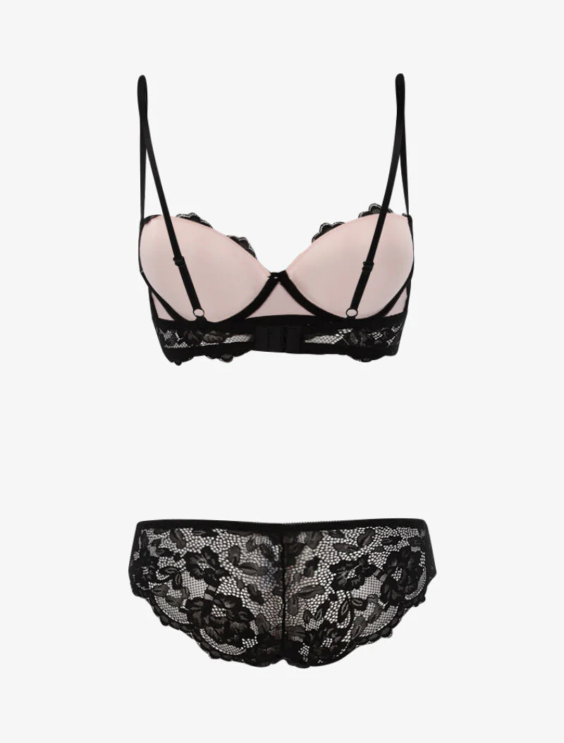 Ensemble dentelle doublée et tanga - noir/rose - Image 2