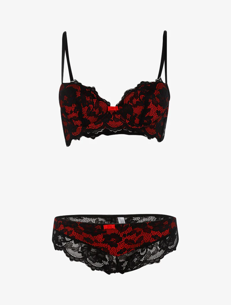 Ensemble dentelle doublée et tanga - noir/rouge