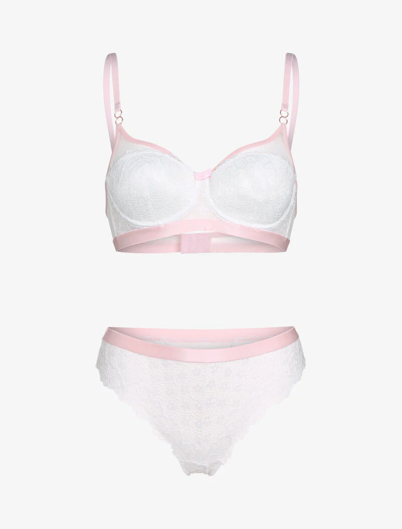 Ensemble dentelle et bandes contrastées - blanc