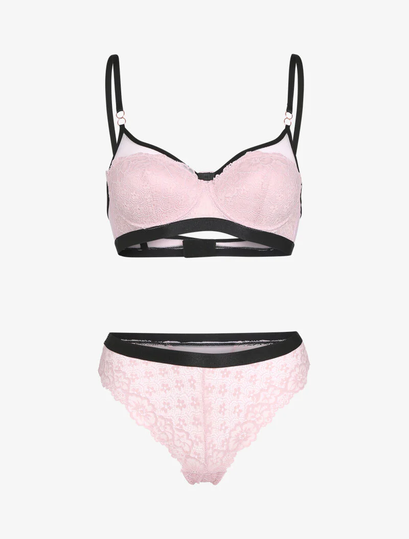 Ensemble dentelle et bandes contrastées - rose