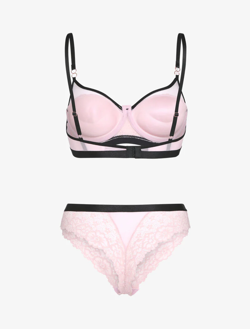Ensemble dentelle et bandes contrastées - rose - Image 2