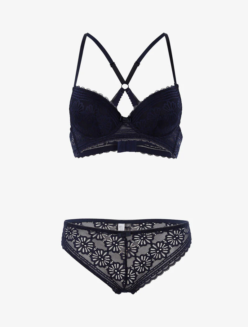 Ensemble dentelle fleurie à dos nageur et tanga - marine