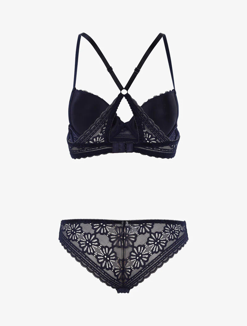 Ensemble dentelle fleurie à dos nageur et tanga - marine - Image 2