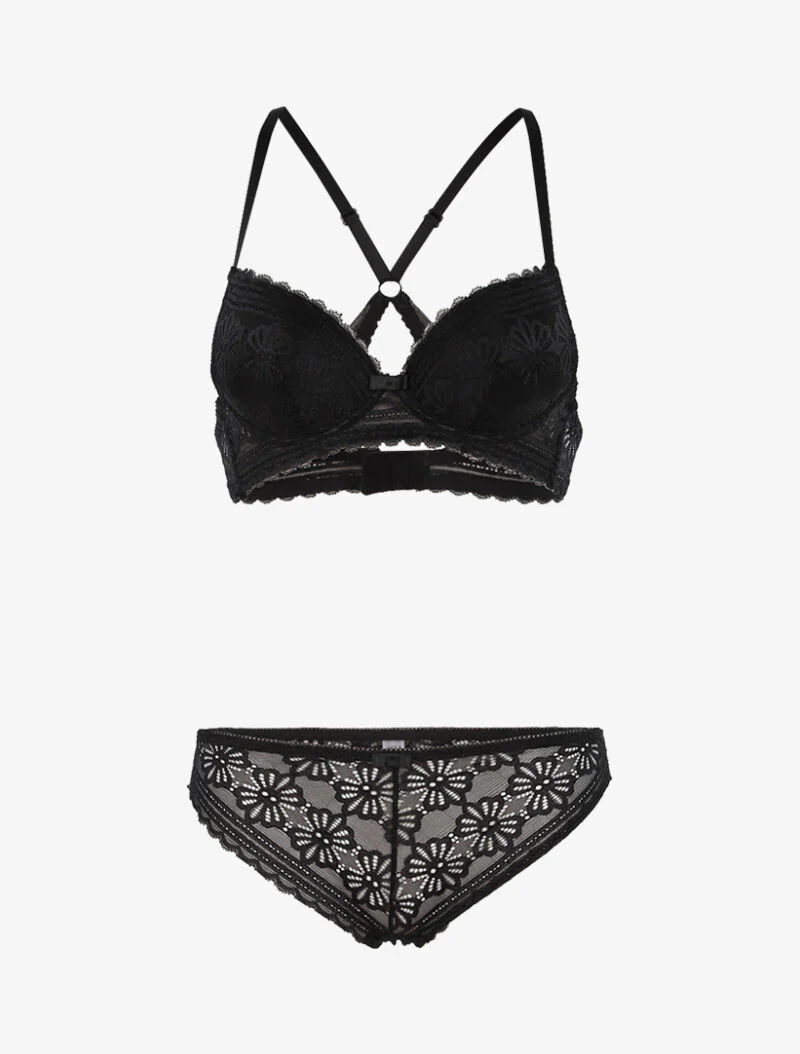 Ensemble dentelle fleurie à dos nageur et tanga - noir