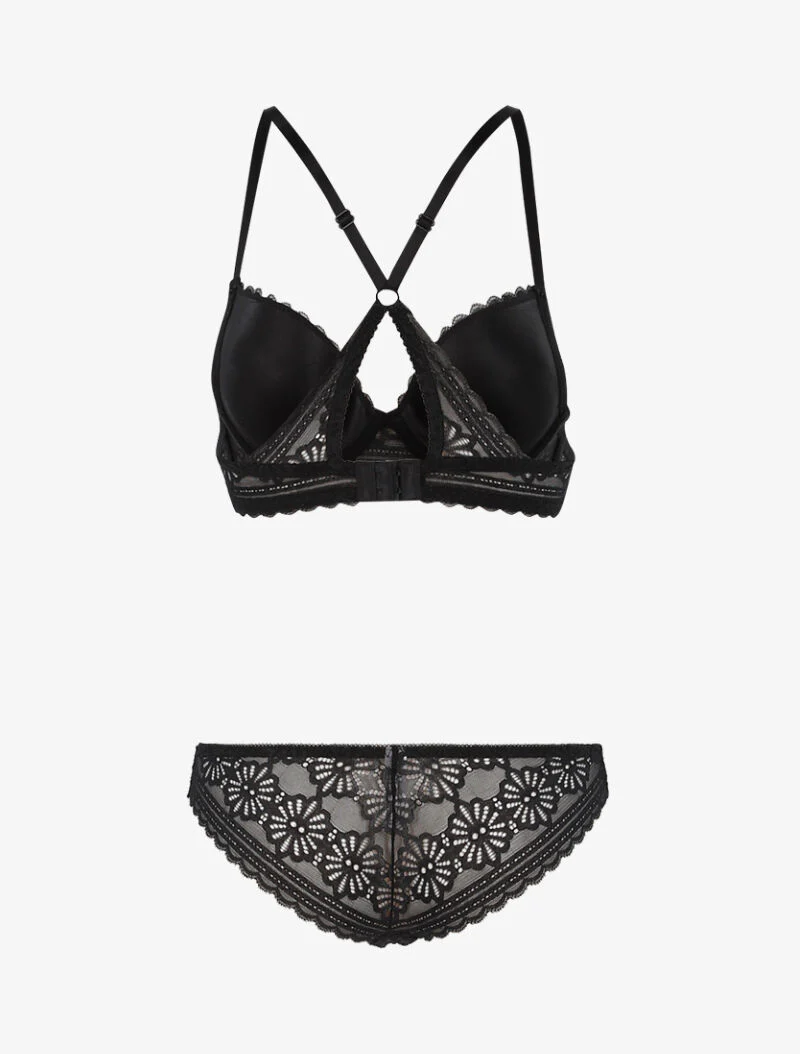 Ensemble dentelle fleurie à dos nageur et tanga - noir - Image 2