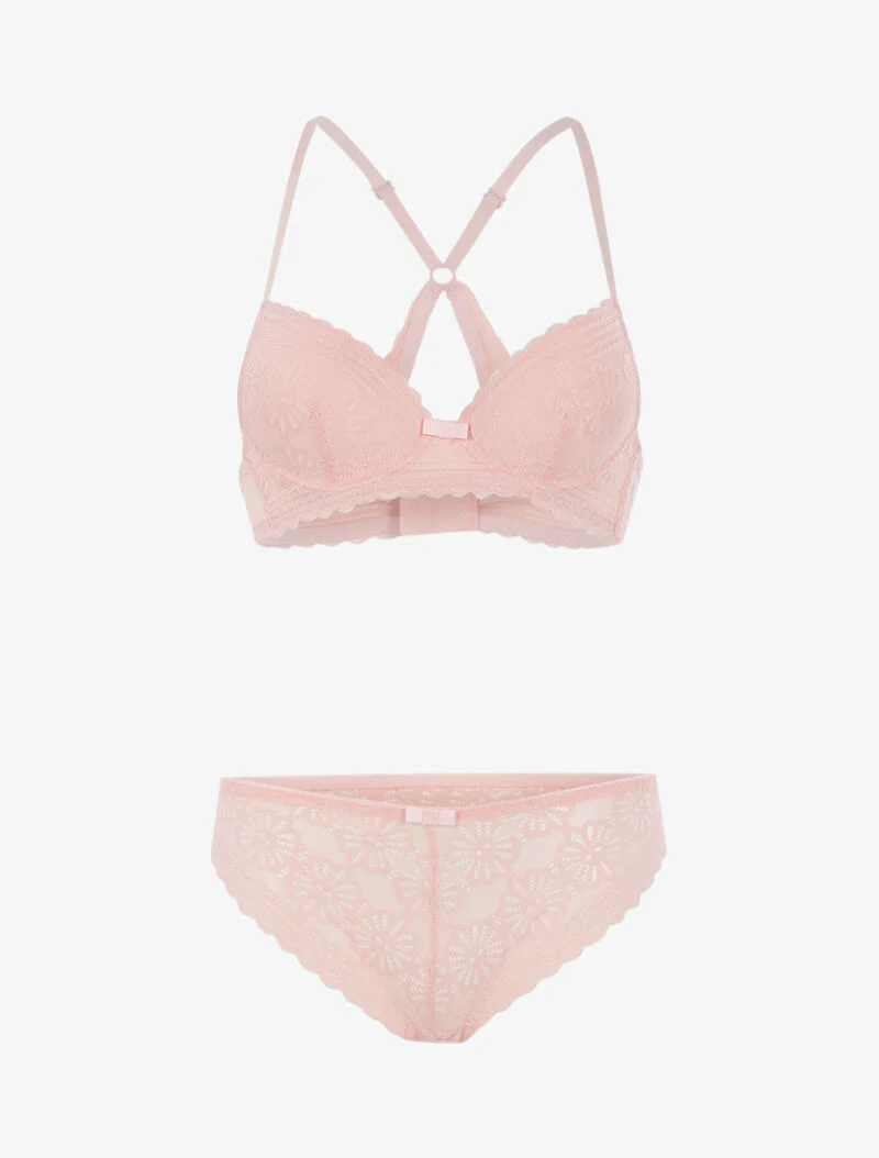 Ensemble dentelle fleurie à dos nageur et tanga - rose poudré - rose orange