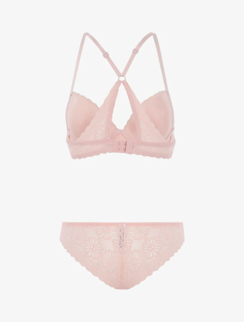 Ensemble dentelle fleurie à dos nageur et tanga - rose poudré - rose orange - Image 2
