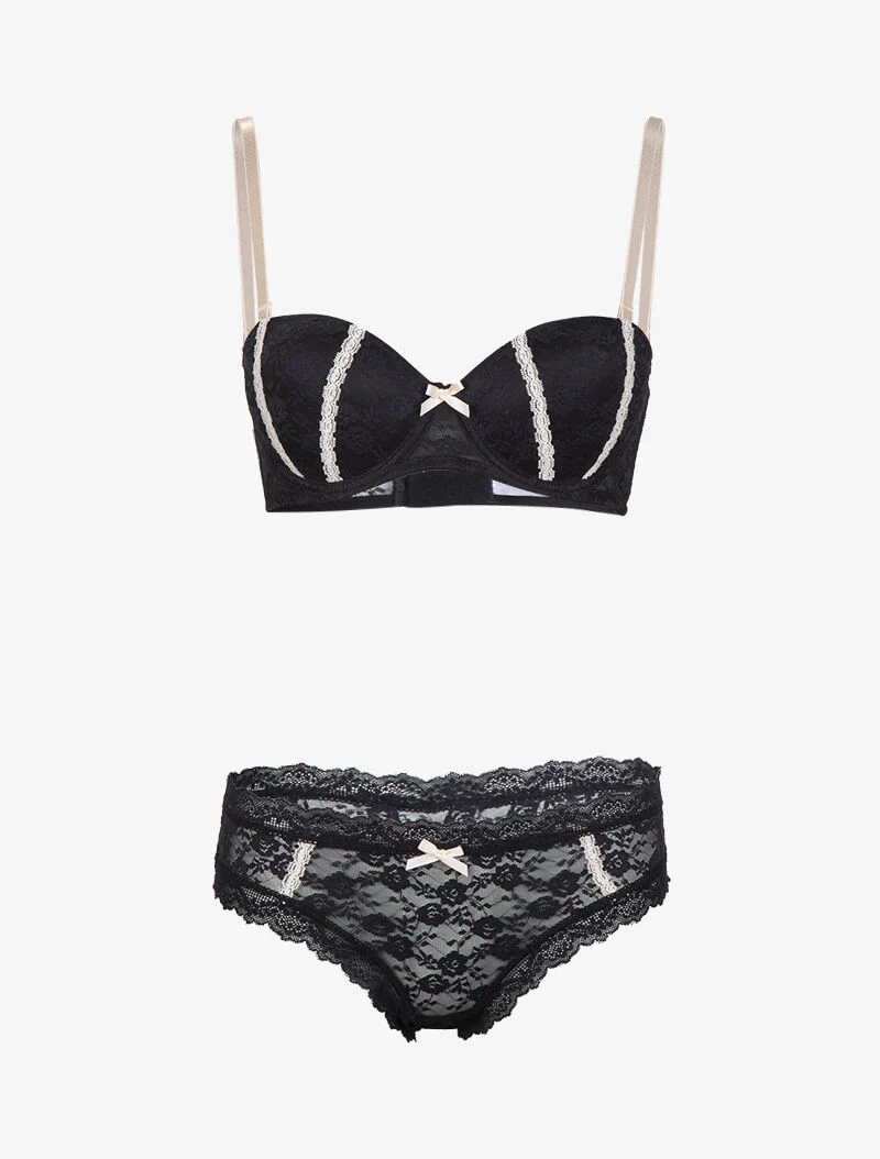 Ensemble emboitant en dentelle à bandes contrastantes - noir