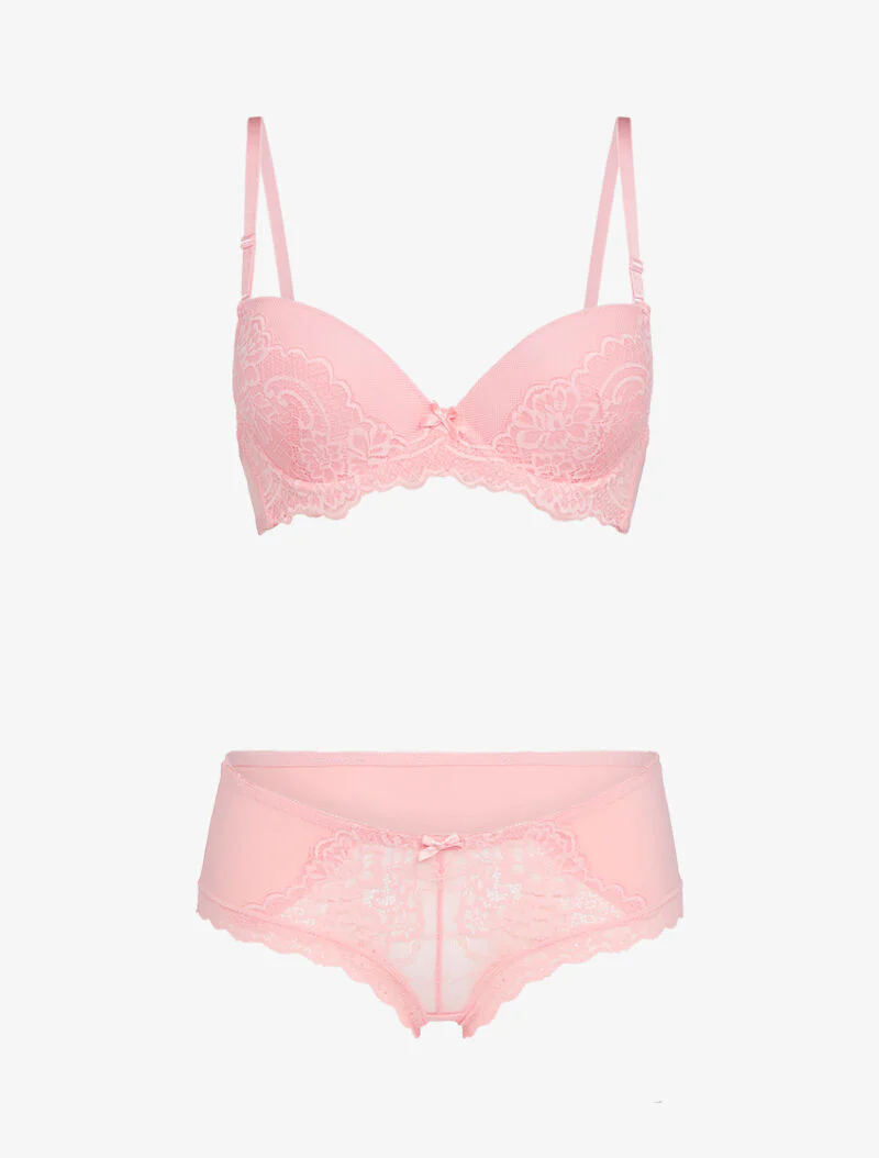 Ensemble emboitant en résille et dentelle - corail