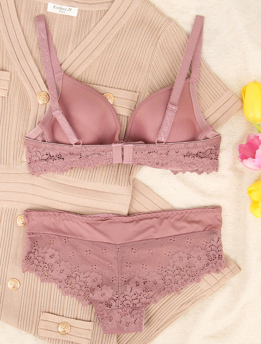 Ensemble emboitant en résille et en dentelle - Vieux rose - Image 2