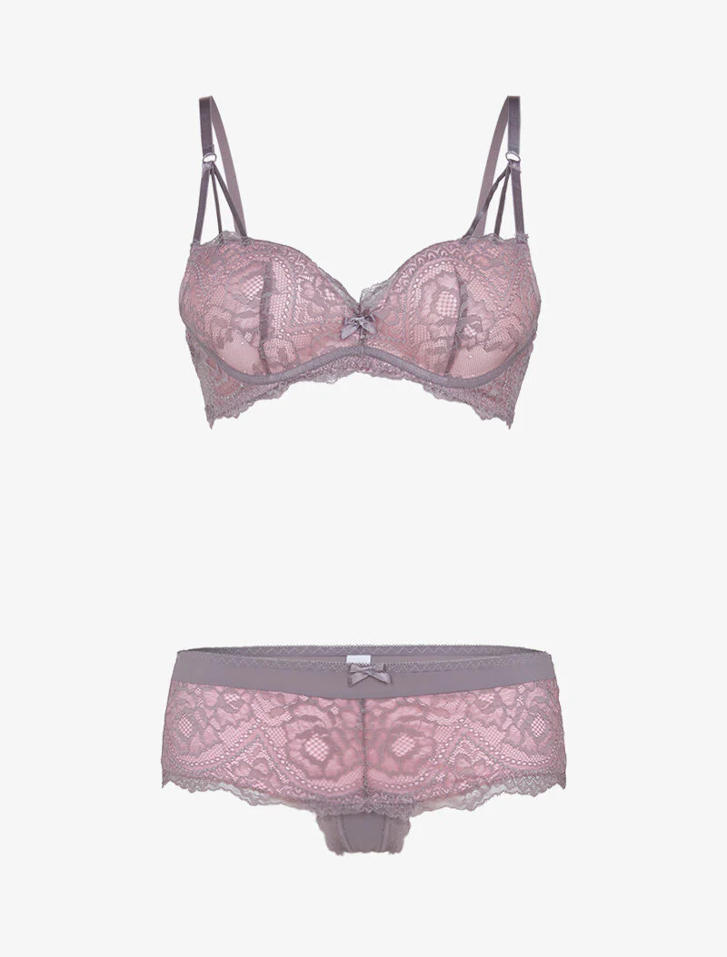 Ensemble en dentelle à bretelles stylisées - gris foncé/rose