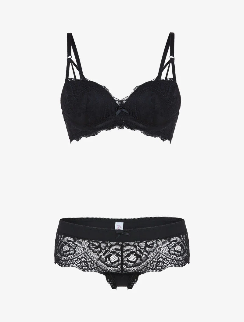 Ensemble en dentelle à bretelles stylisées - noir