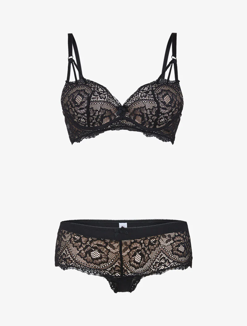 Ensemble en dentelle à bretelles stylisées - noir/beige