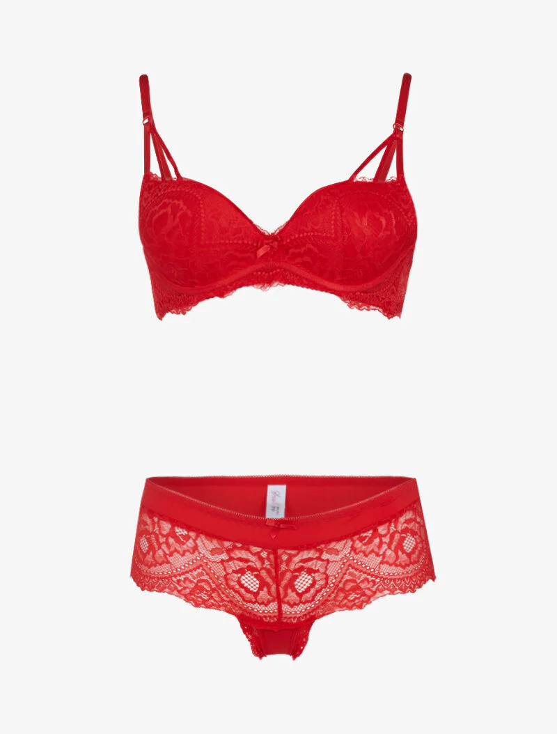 Ensemble en dentelle à bretelles stylisées - rouge