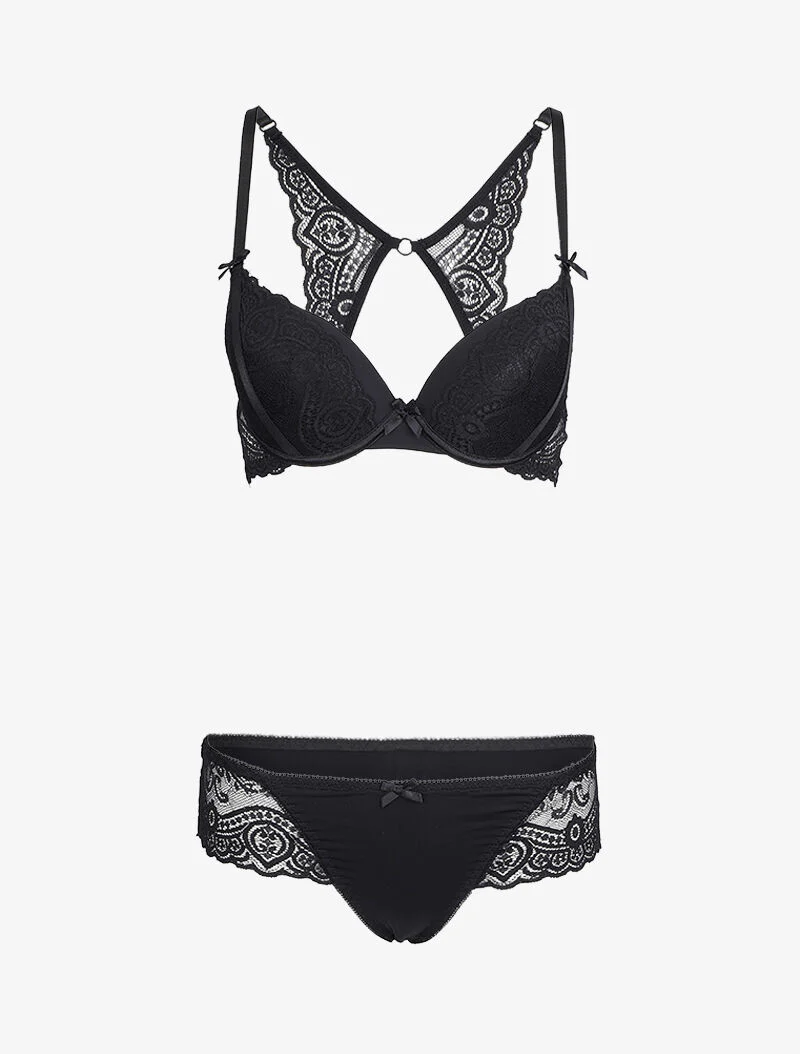 Ensemble en dentelle à bretelles stylisées - Noir