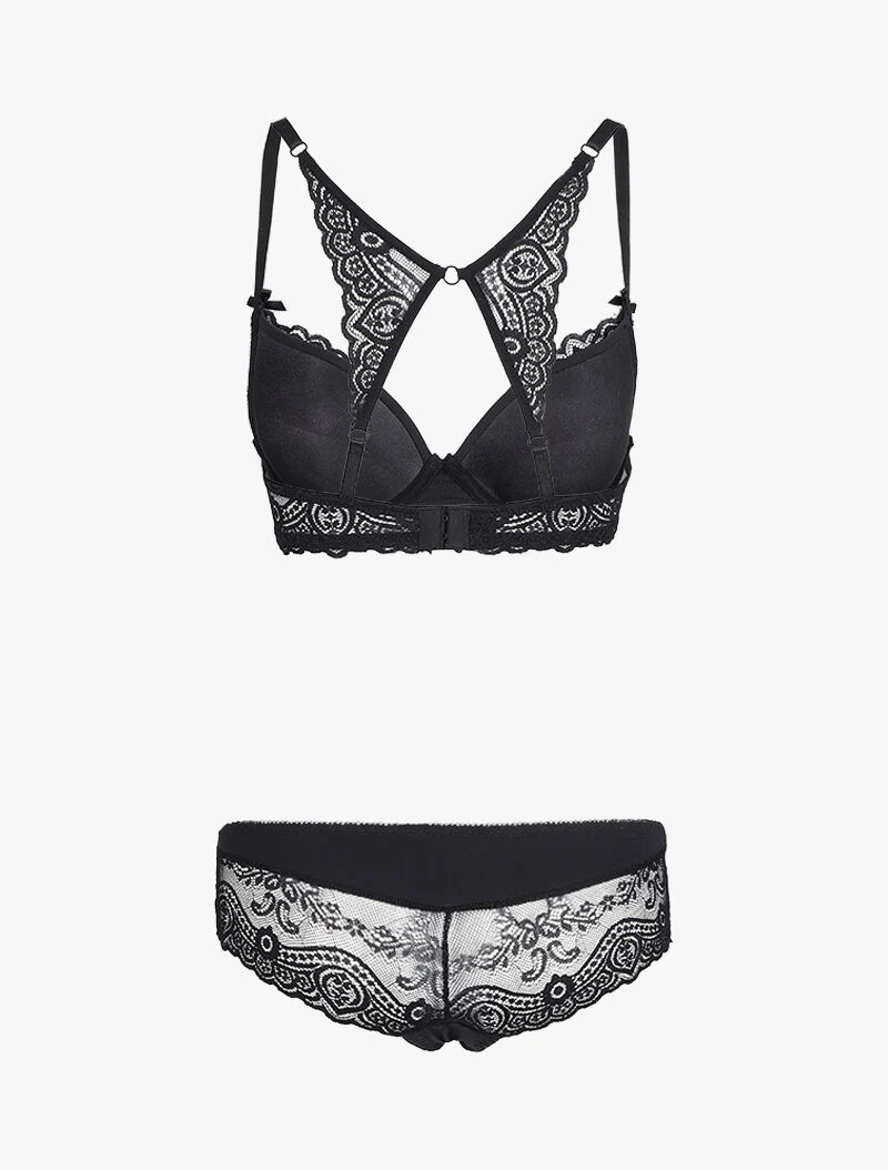 Ensemble en dentelle à bretelles stylisées - Noir - Image 2