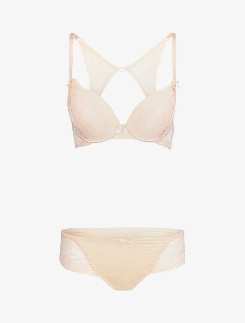 Ensemble en dentelle à bretelles stylisées - Nude