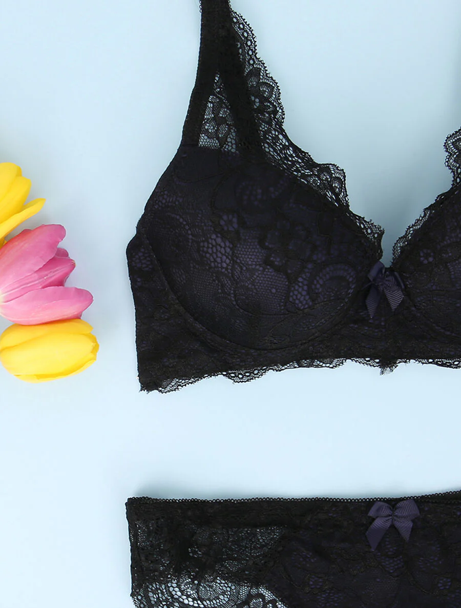 Ensemble en dentelle à détail noeud - Noir/marine - Image 3