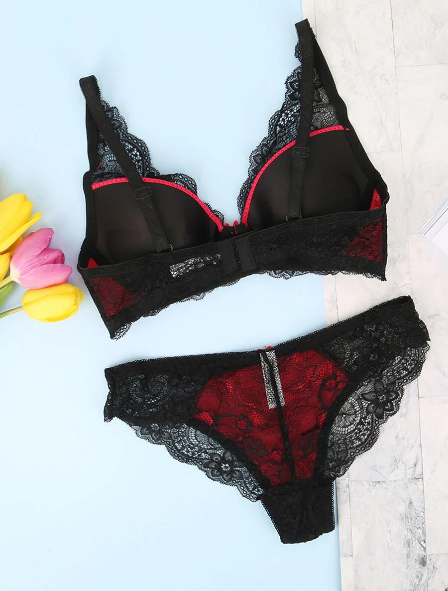 Ensemble en dentelle à détail noeud - Noir/rouge - Image 2