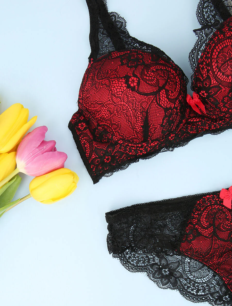 Ensemble en dentelle à détail noeud - Noir/rouge - Image 3
