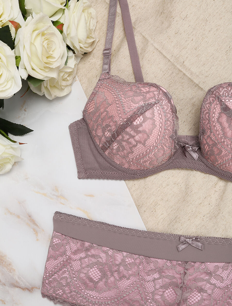 Ensemble en dentelle à liens - Gris/rose - Image 3