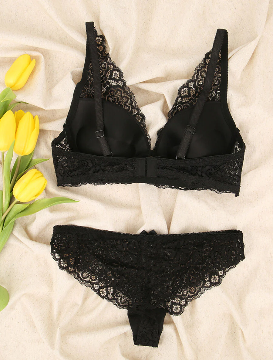 Ensemble en dentelle à motifs fleuris - Noir - Image 2
