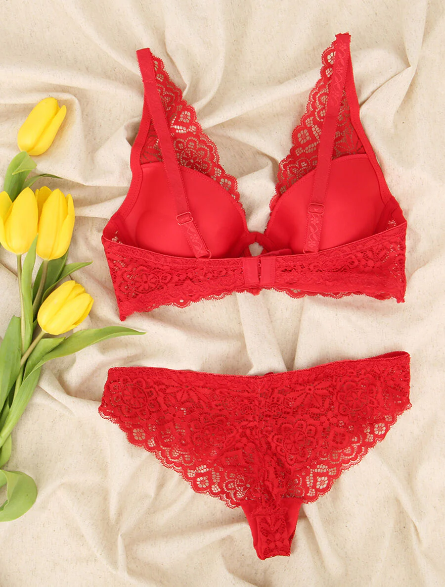 Ensemble en dentelle à motifs fleuris - Rouge - Image 2
