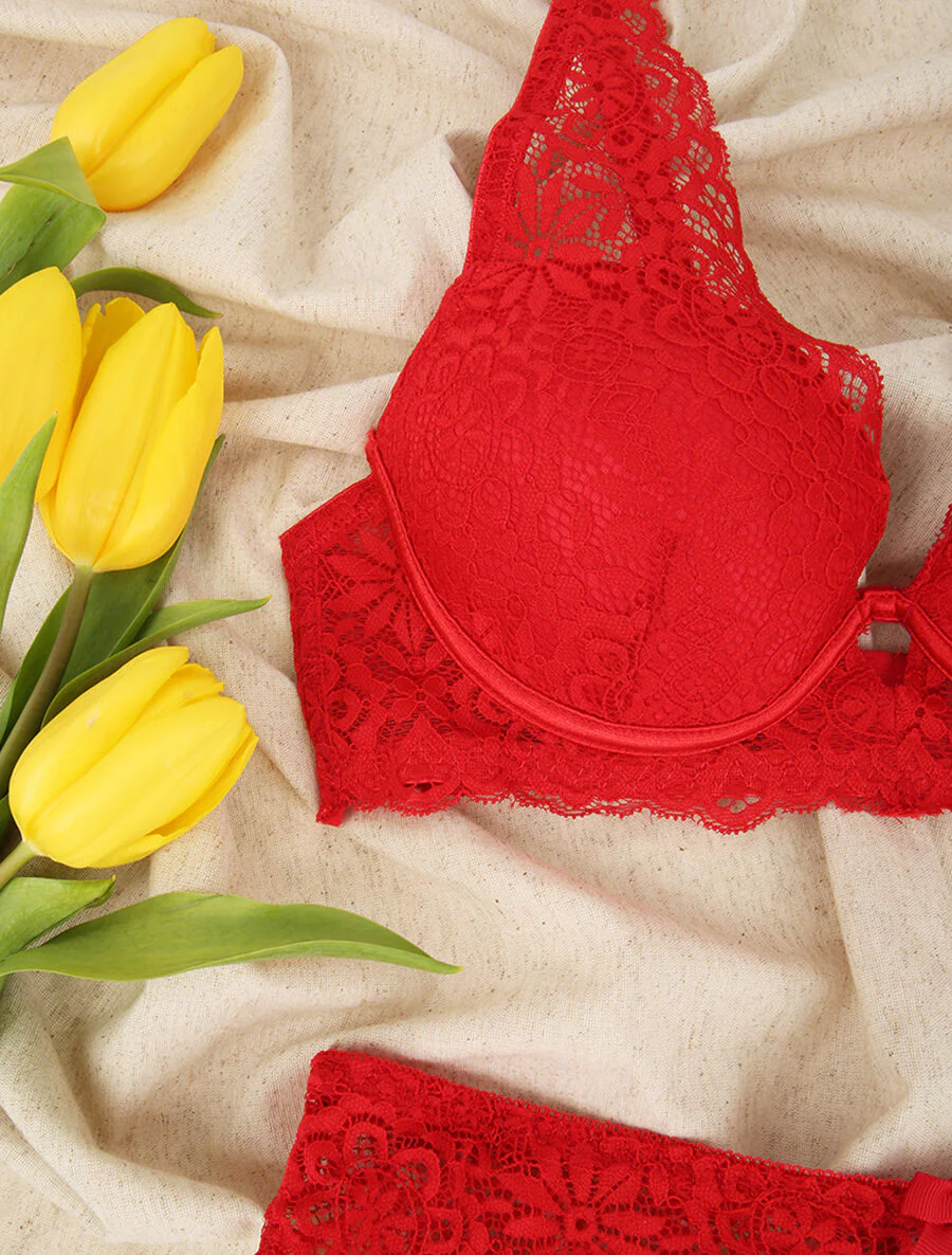Ensemble en dentelle à motifs fleuris - Rouge - Image 3