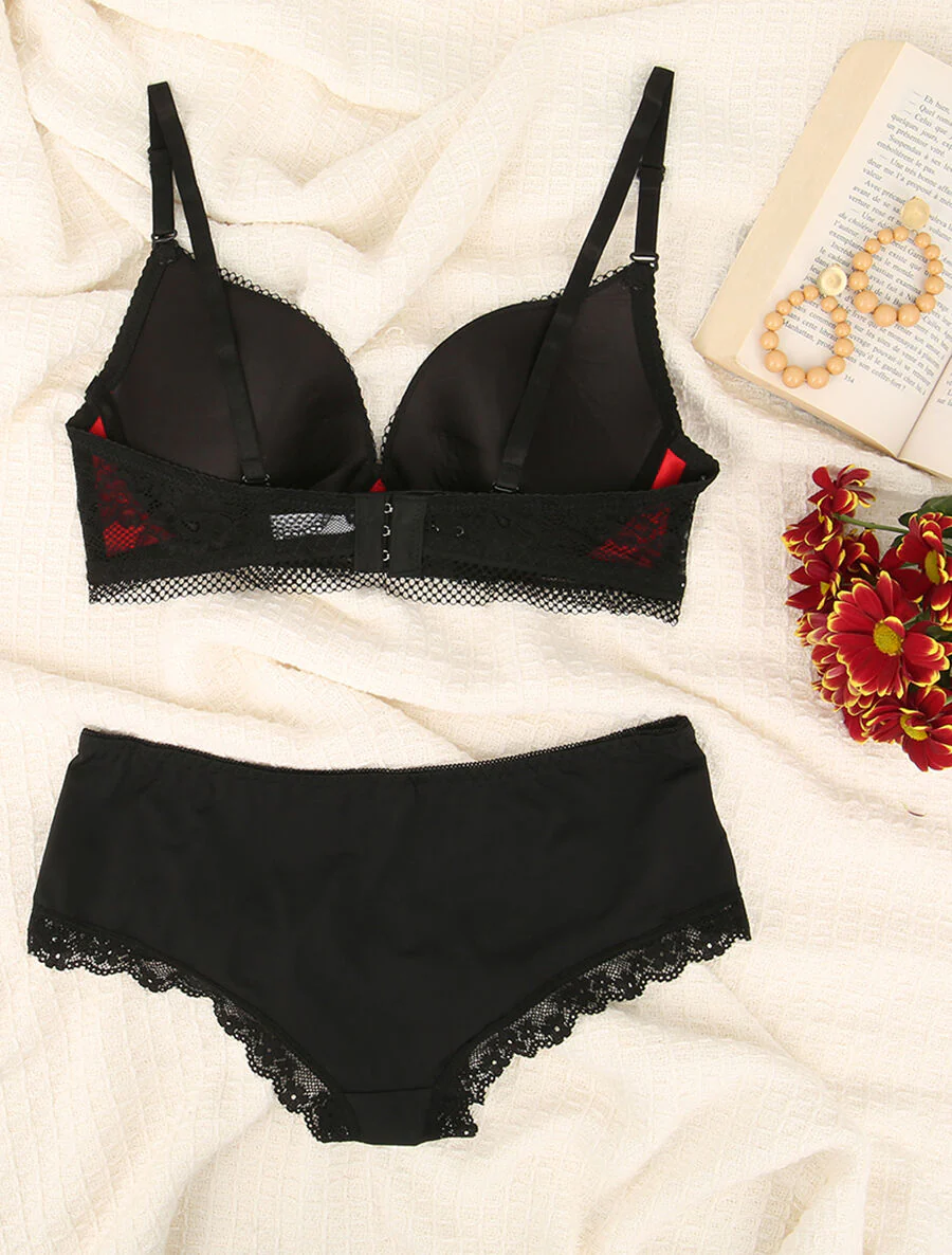 Ensemble en dentelle à motifs fleurs - Noir/rouge - Image 2