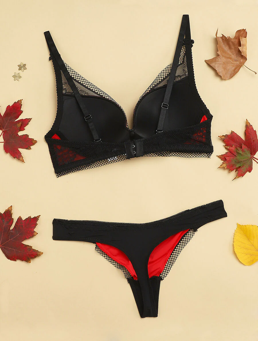 Ensemble en dentelle ajourée et string - Noir/rouge - Image 2