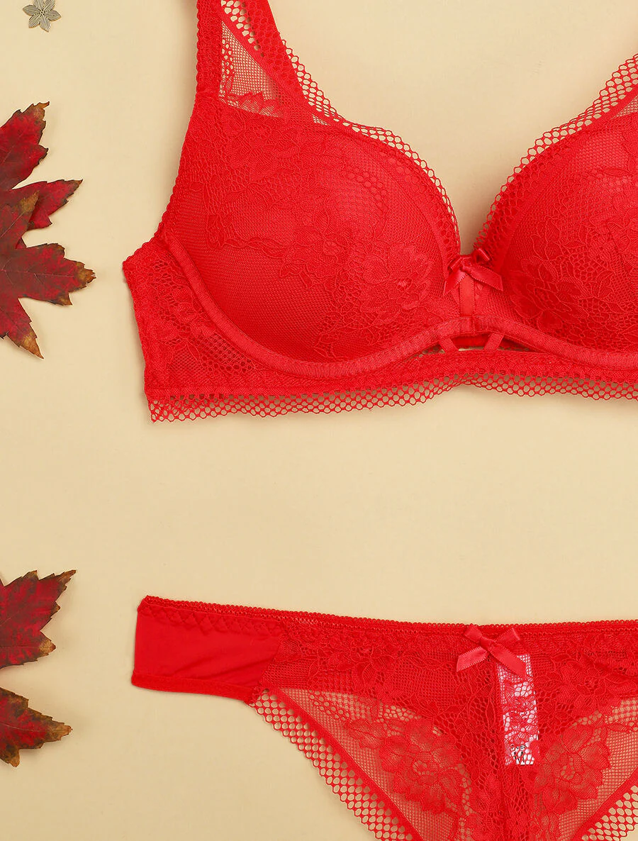 Ensemble en dentelle ajourée et string - Rouge - Image 3