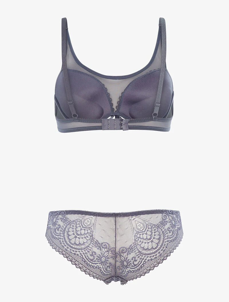 Ensemble en dentelle ajourée et tulle - gris bleuté - Image 2