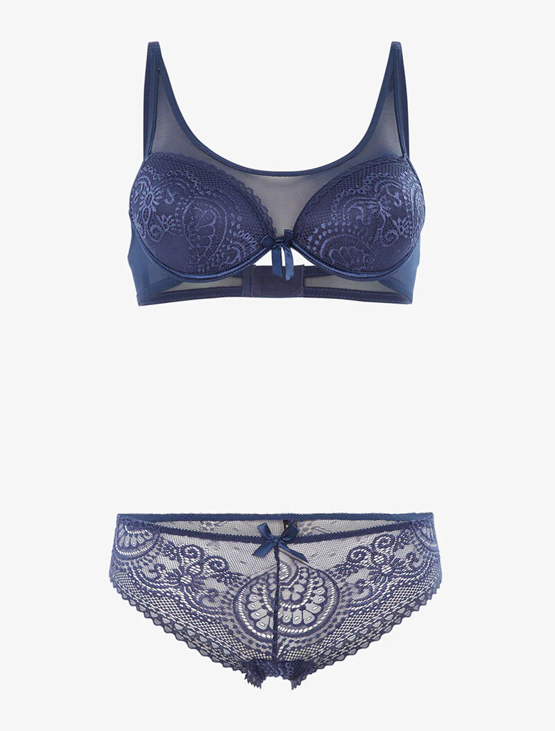 Ensemble en dentelle ajourée et tulle - bleu indigo