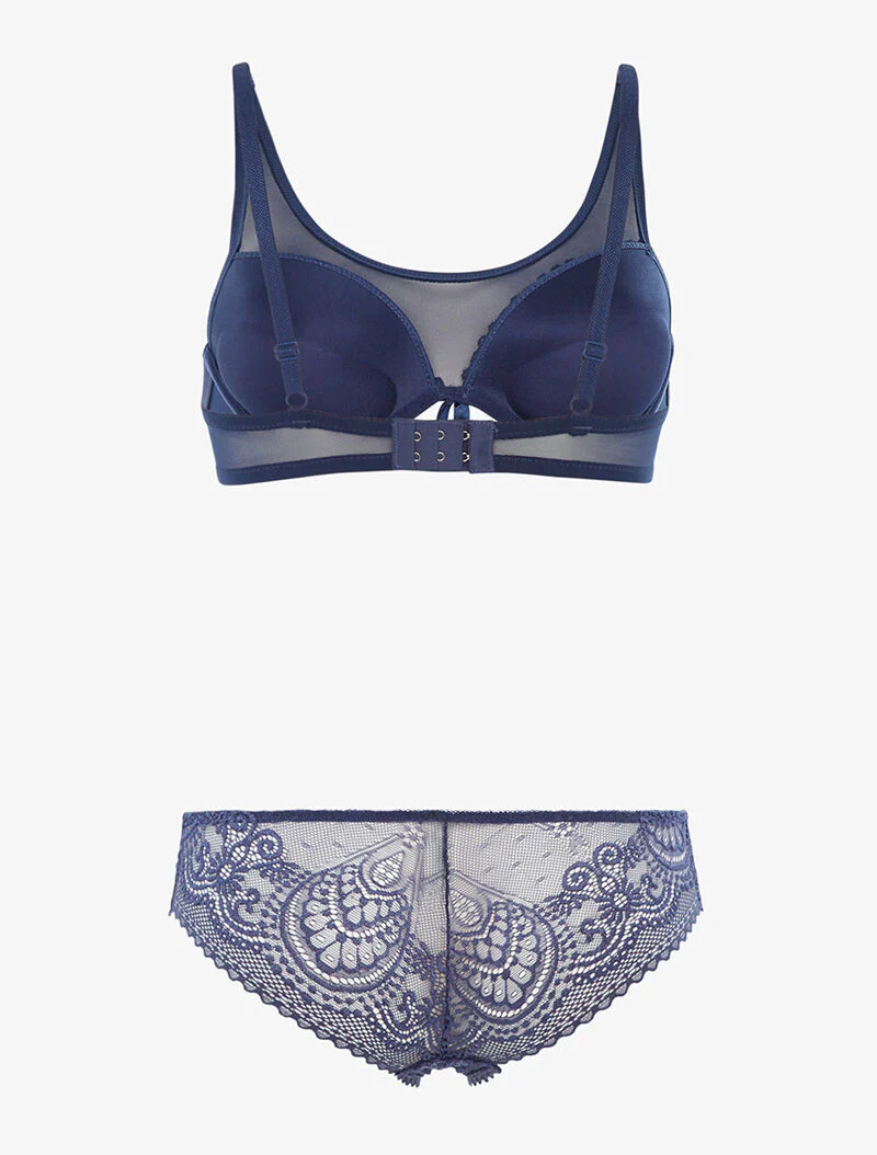 Ensemble en dentelle ajourée et tulle - bleu indigo - Image 2