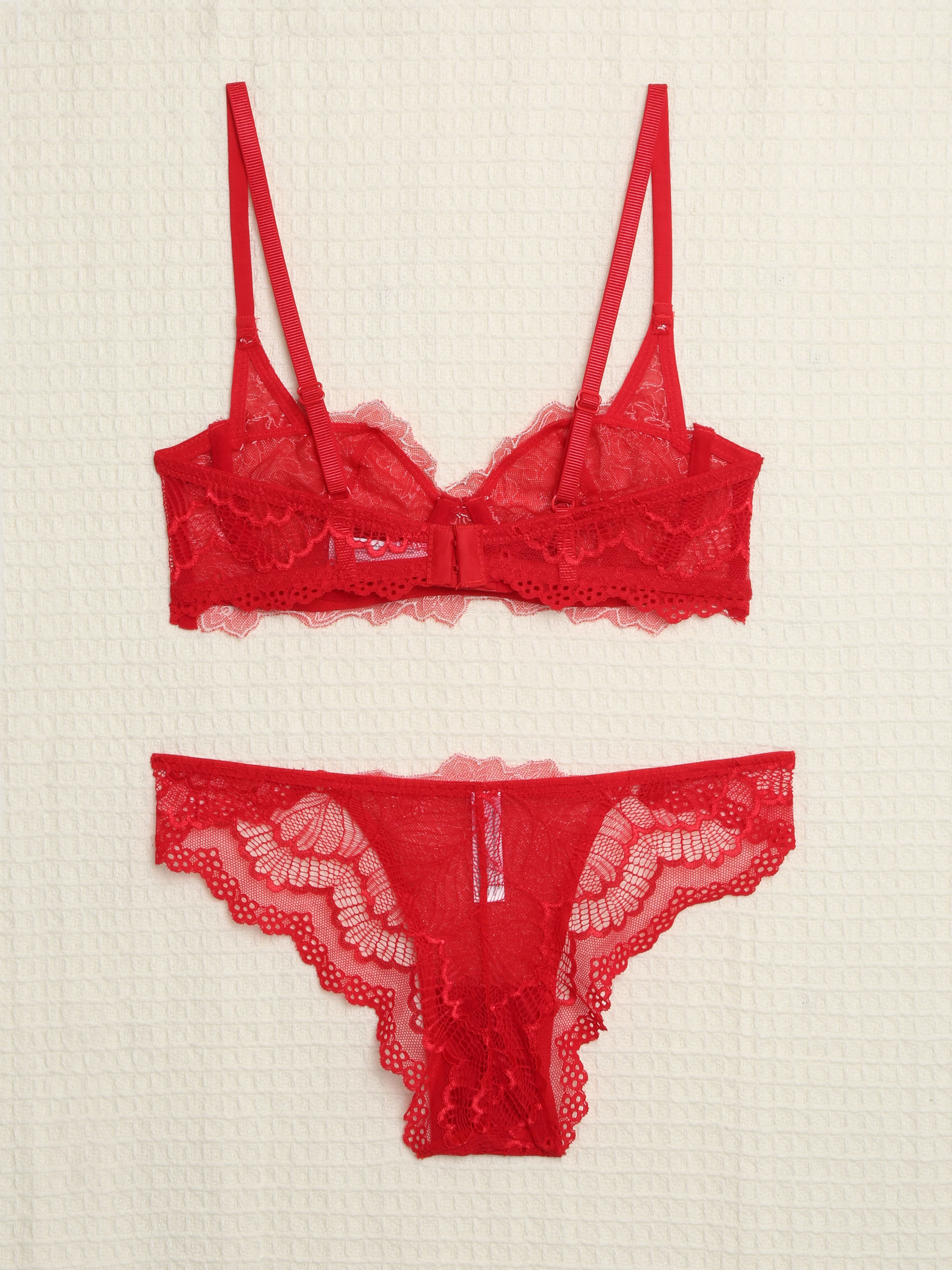 Ensemble en dentelle contrastant - Rouge - Image 2