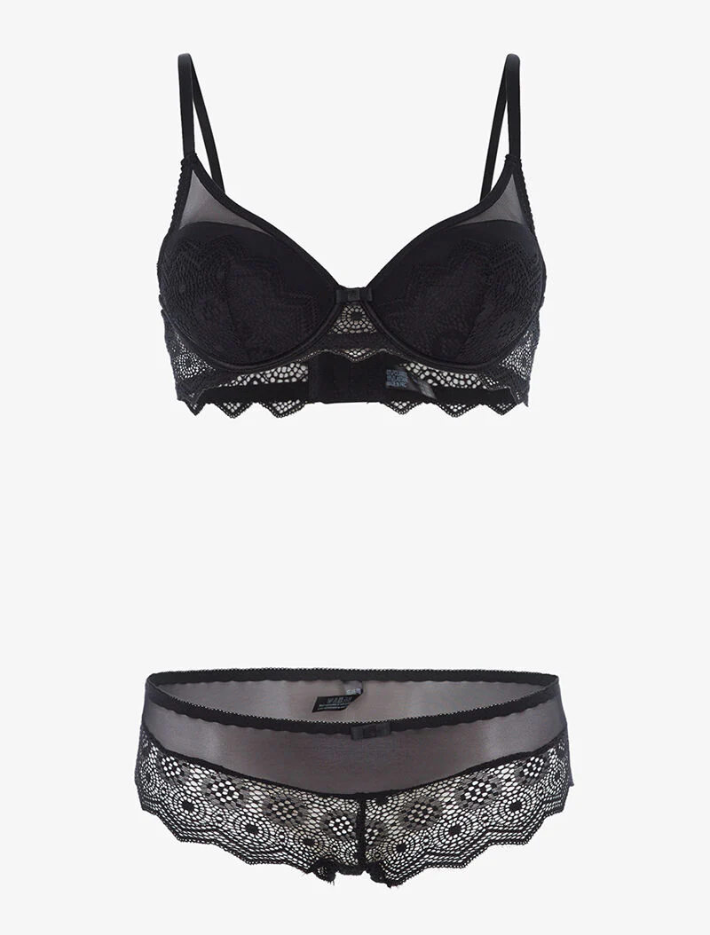 Ensemble en dentelle crantée et culotte - noir