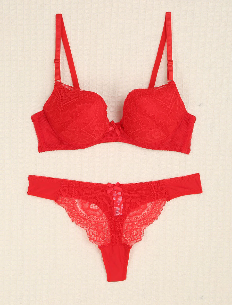 Ensemble en dentelle et tulle à liens - Rouge