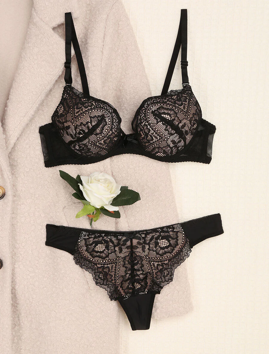 Ensemble en dentelle et tulle à liens - Noir/nude