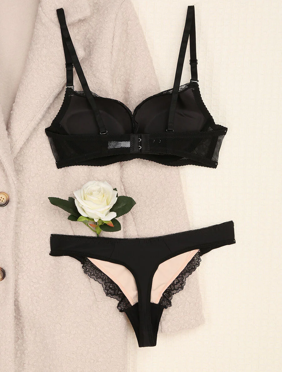 Ensemble en dentelle et tulle à liens - Noir/nude - Image 2