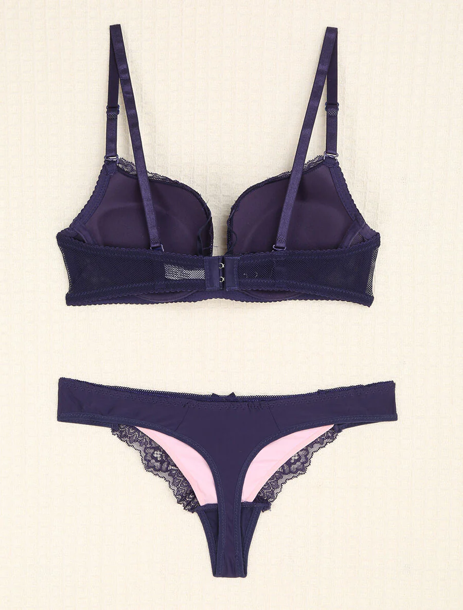 Ensemble en dentelle et tulle à liens - Violet/nude - Image 2