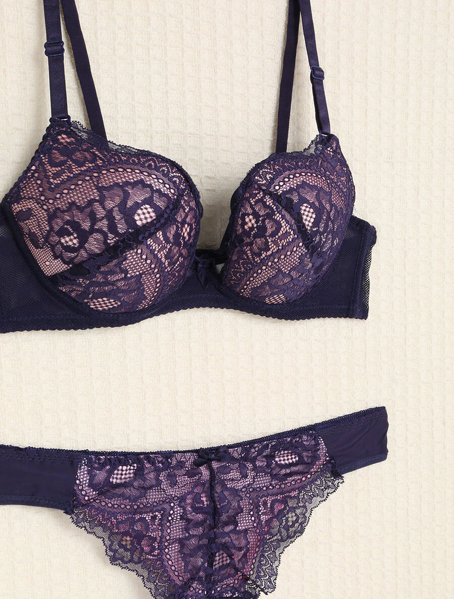 Ensemble en dentelle et tulle à liens - Violet/nude - Image 3