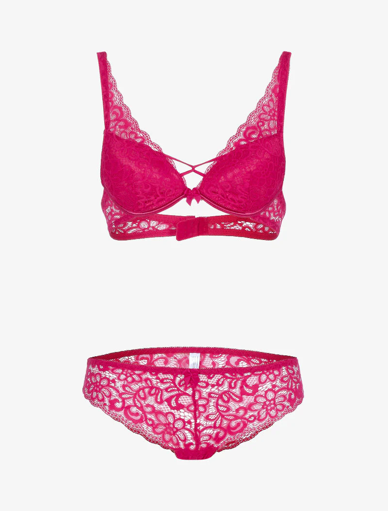 Ensemble en dentelle festonnée fleurie - fushia