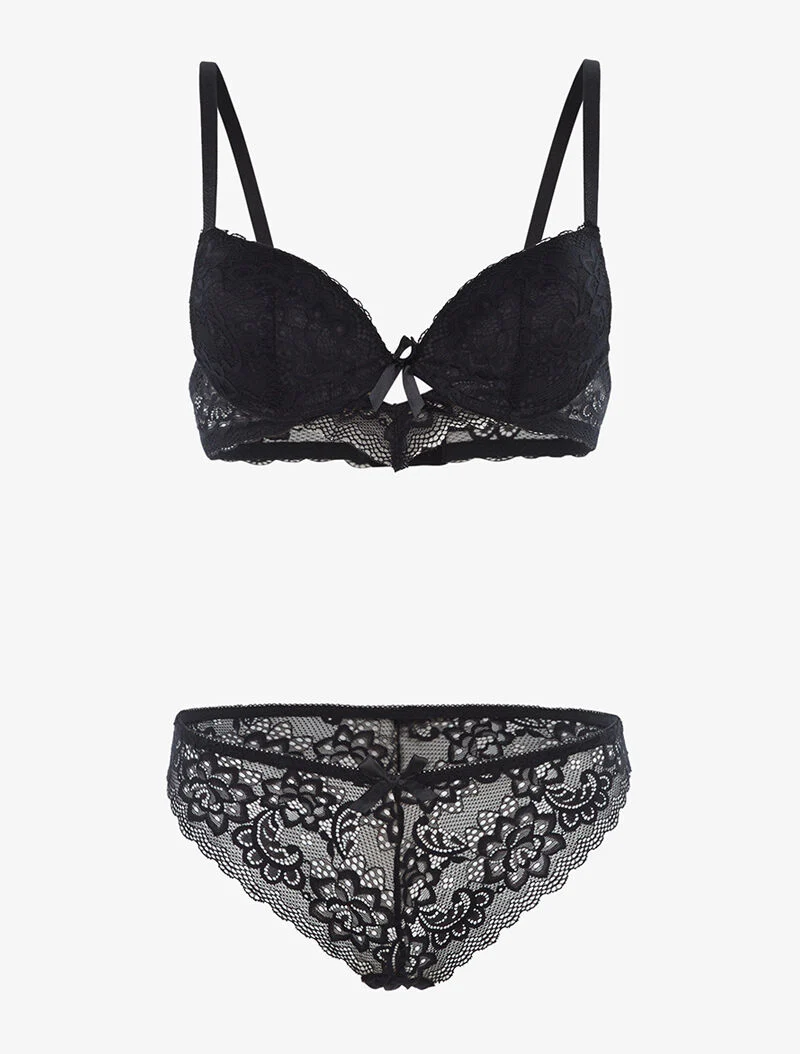 Ensemble en dentelle fine fleurie et tanga - noir