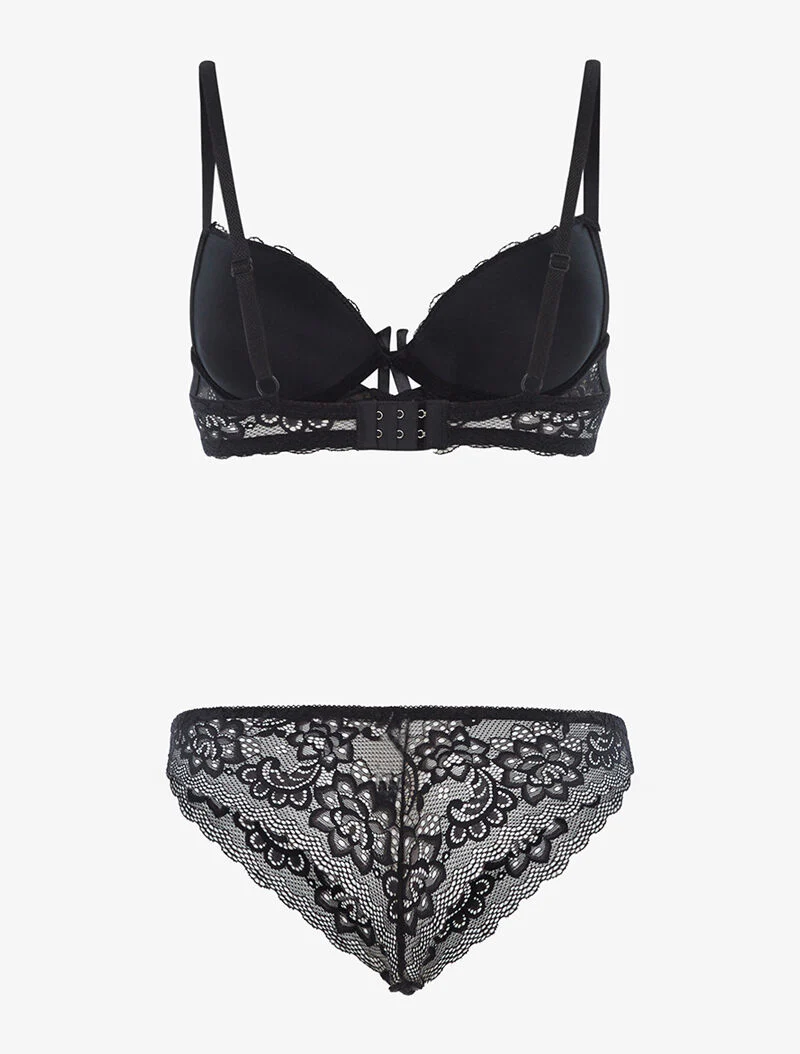 Ensemble en dentelle fine fleurie et tanga - noir - Image 2